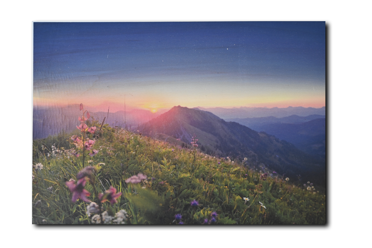 Kunstdruck auf Holz, Nagelfluhwiese im Sonnenaufgang, grün, Birkenholz Format: 61 x 42 cm 15 mm oder 9 mm dick Querformat